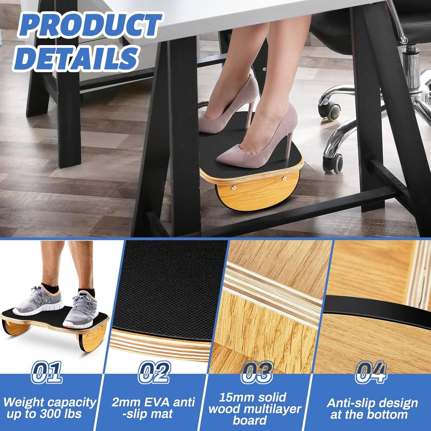 Ergonomic Wood Foot Rest for Enhanced Circulation & Comfort, 350lbs Capacity,
