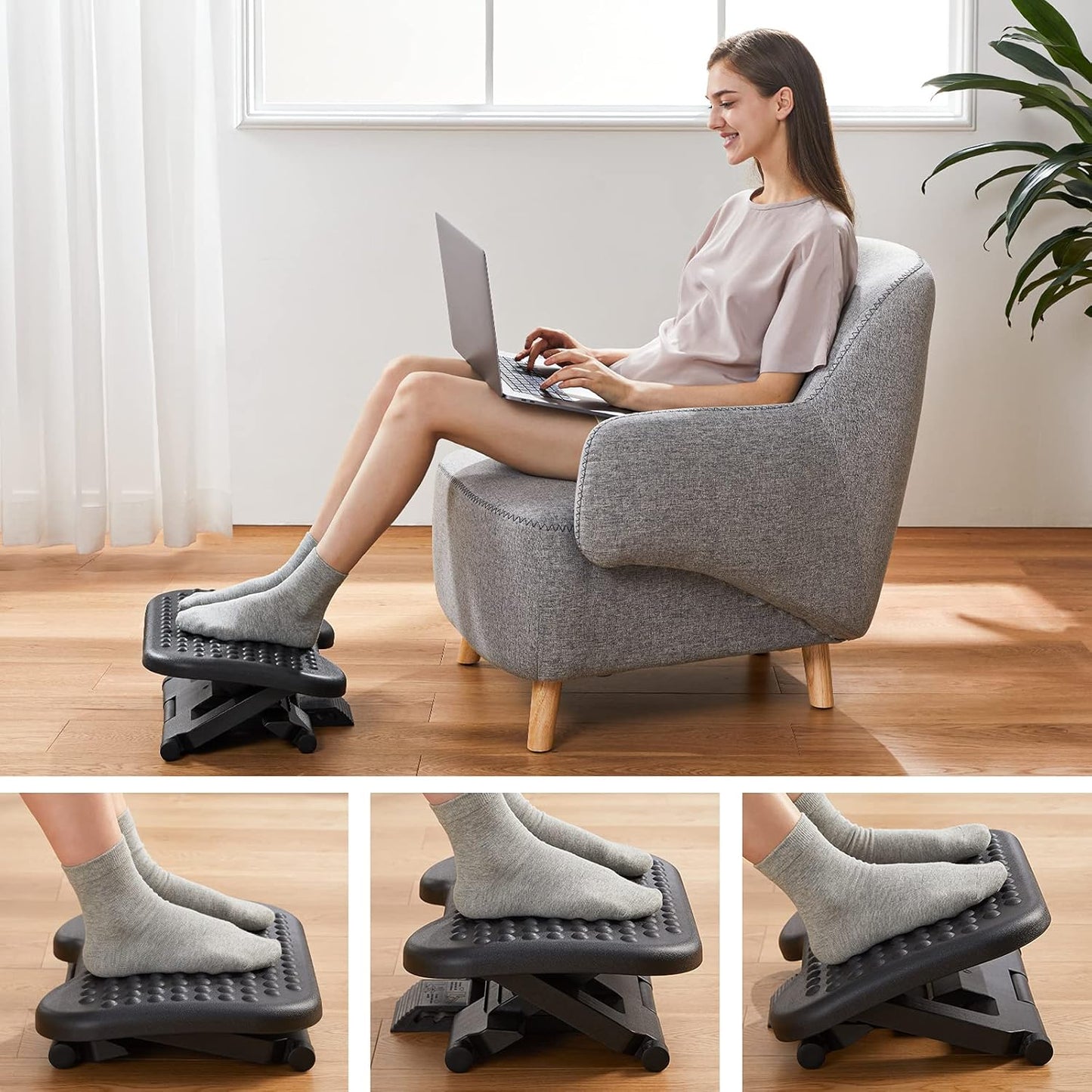 Adjustable Desk Footrest, Foot Rest for Under Desk at Work with Massage, Adjustable Foot Stool with 3 Height Position & 30 Degree