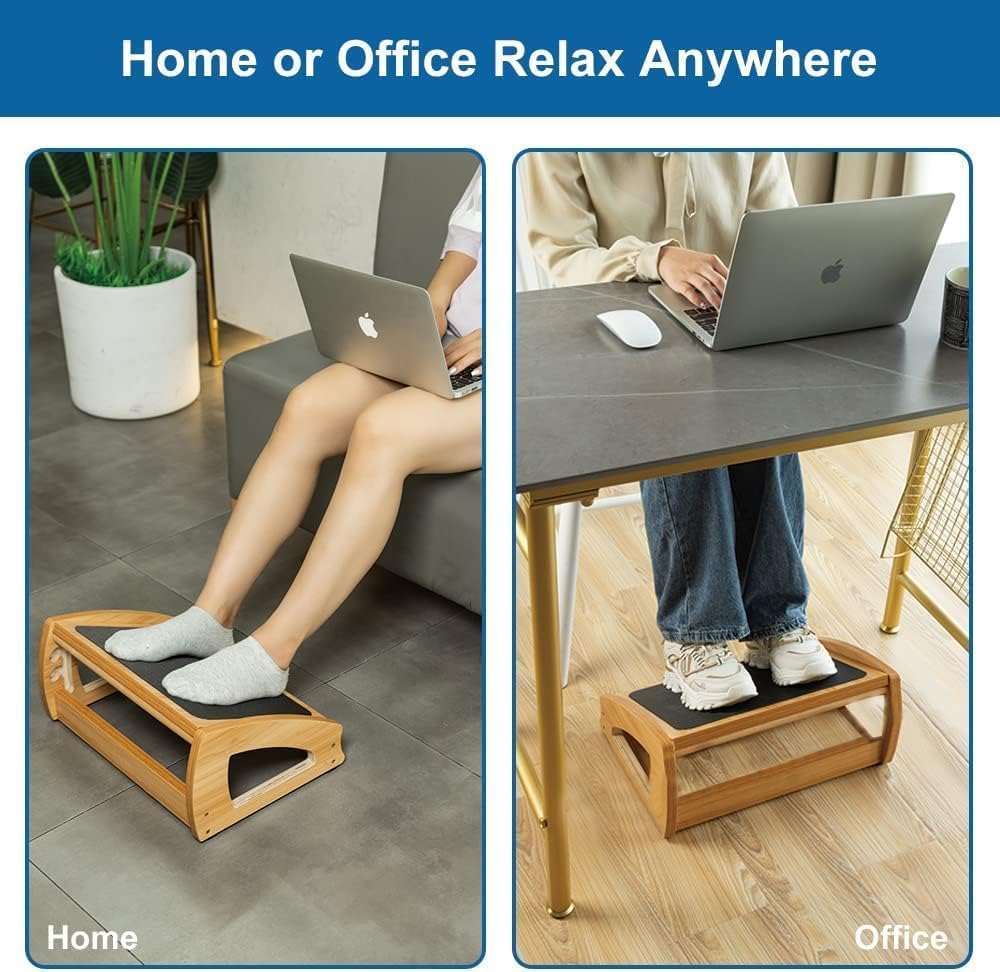 Ergonomic Under Desk Footrest, 3 Adjustable Heights Wooden Office Footrest,