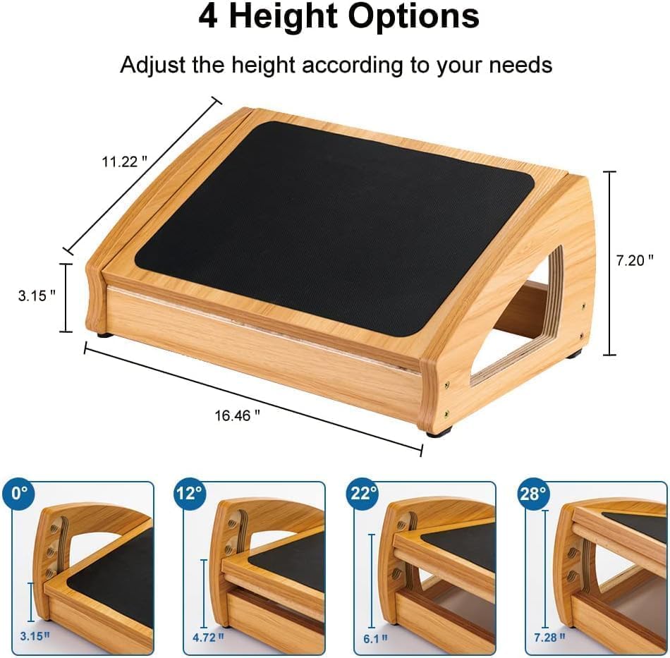 Ergonomic Under Desk Footrest, 3 Adjustable Heights Wooden Office Footrest,