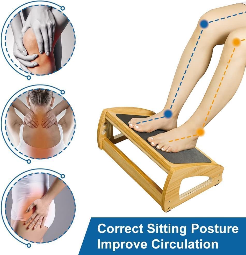 Ergonomic Under Desk Footrest, 3 Adjustable Heights Wooden Office Footrest,