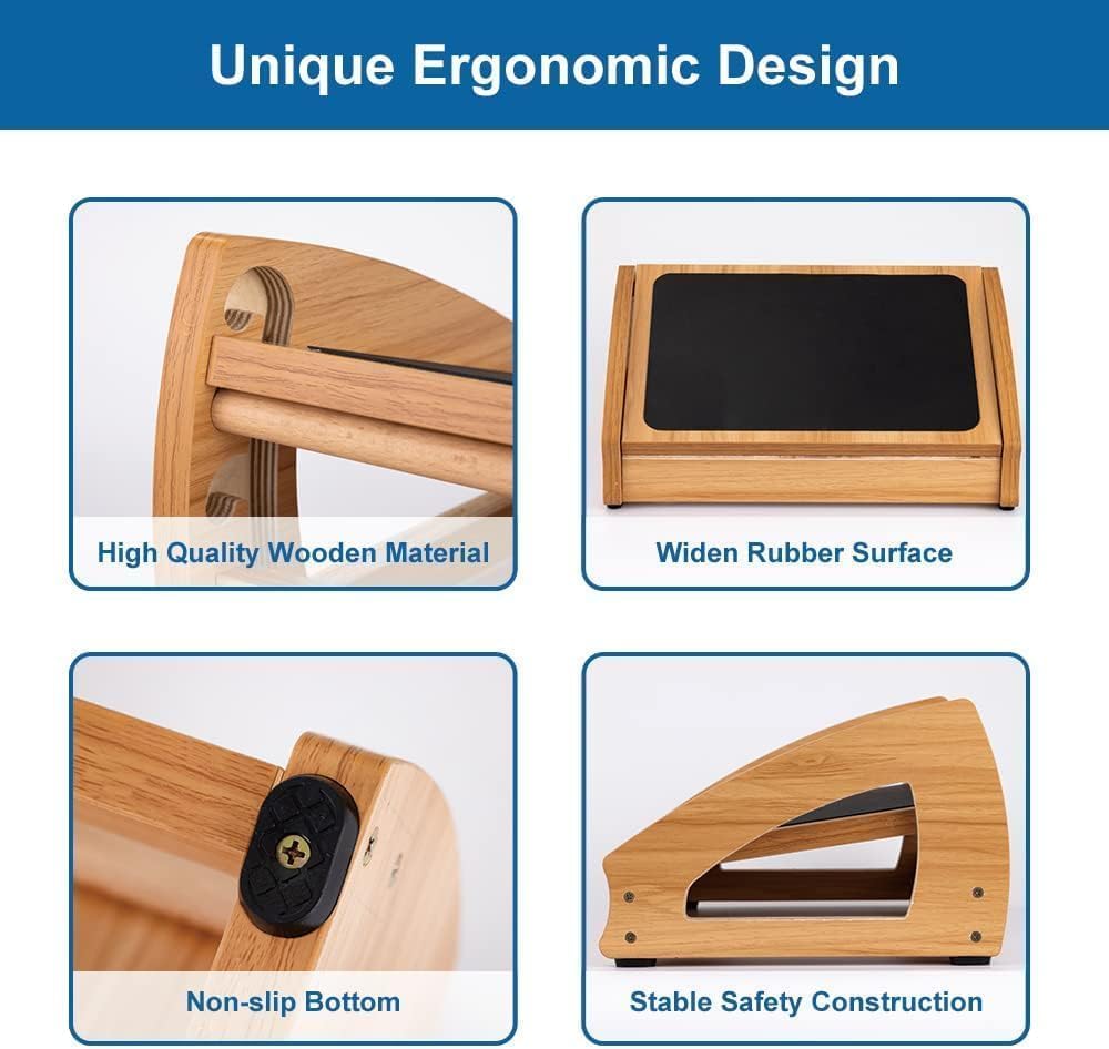 Ergonomic Under Desk Footrest, 3 Adjustable Heights Wooden Office Footrest,